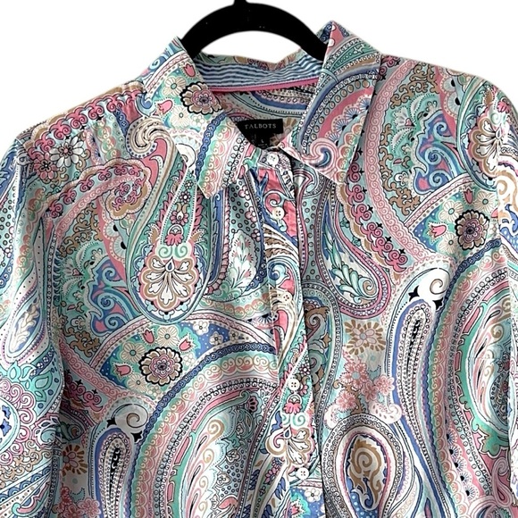 TALBOTS LONG SLEEVE PAISLEY BLOUSE BUTTON FRONT PURE COTTON PINK & BLUE | LARGE - Picture 2 of 11